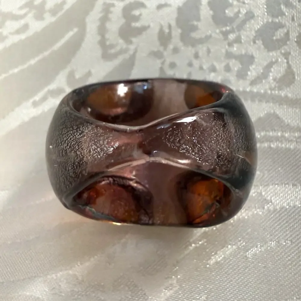 Artisan Lampwork Style Art Glass Dome Ring Sz 6.25 Luminous Brown Silver Copper